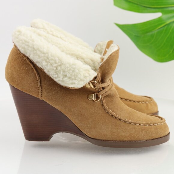 Michael Kors Womens Rory Boot Size 7.5 Tan Suede Wedge Heel Lace Up Sherpa Lined - Picture 8 of 12